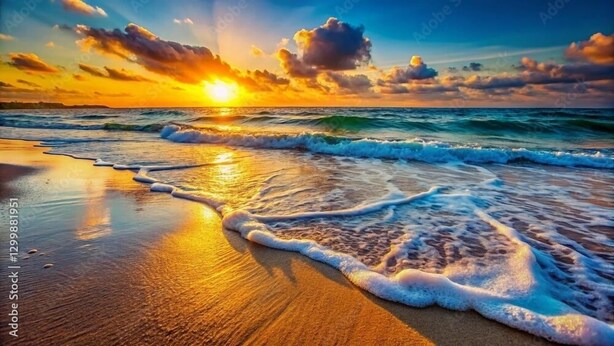 Escena de playa con olas y un atardecer.