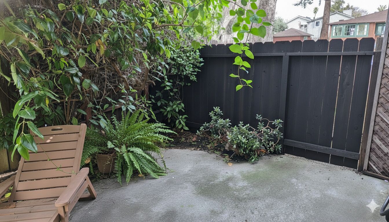Ein Garten mit einem Holzstuhl, einem schwarzen Zaun und verschiedenen Pflanzen.