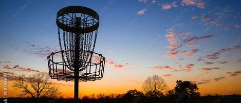 A disc golf basket against a sunset sky.