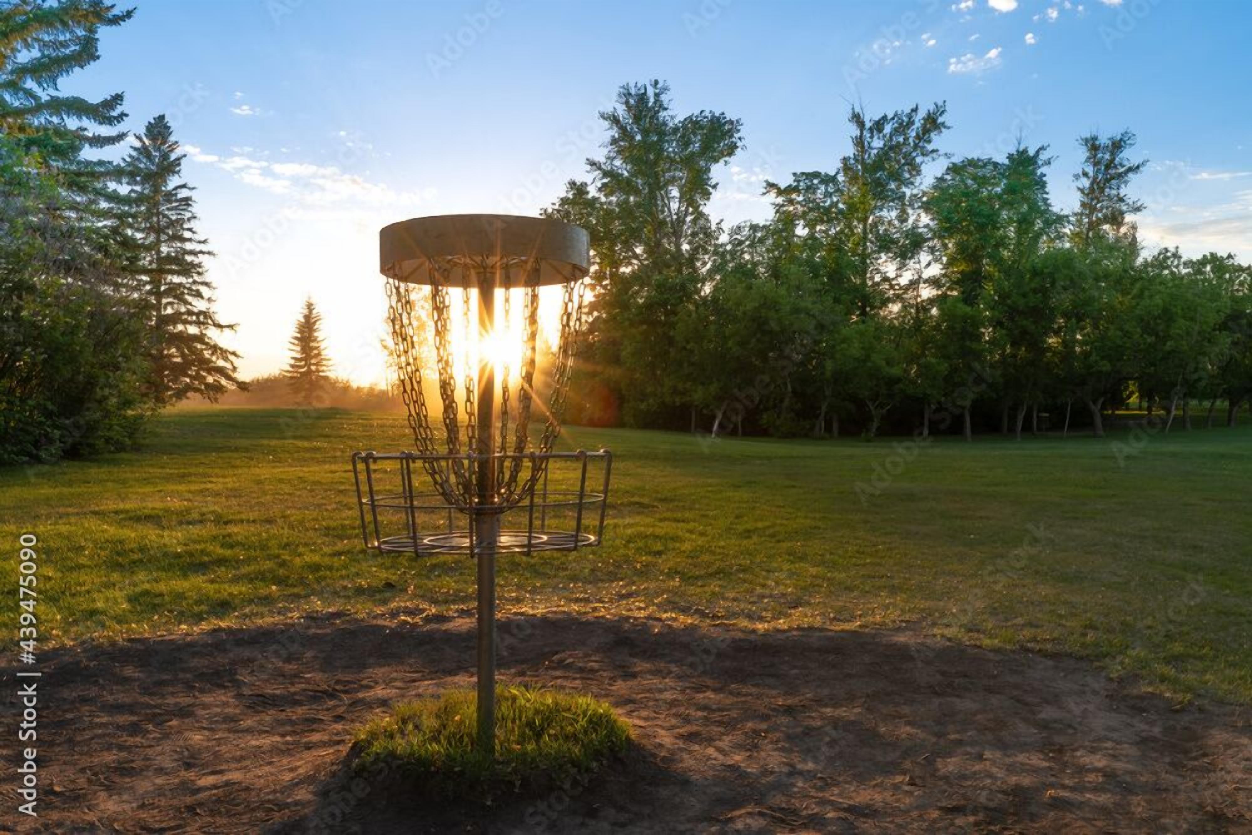 A disc golf basket in a grassy field with trees in the background.