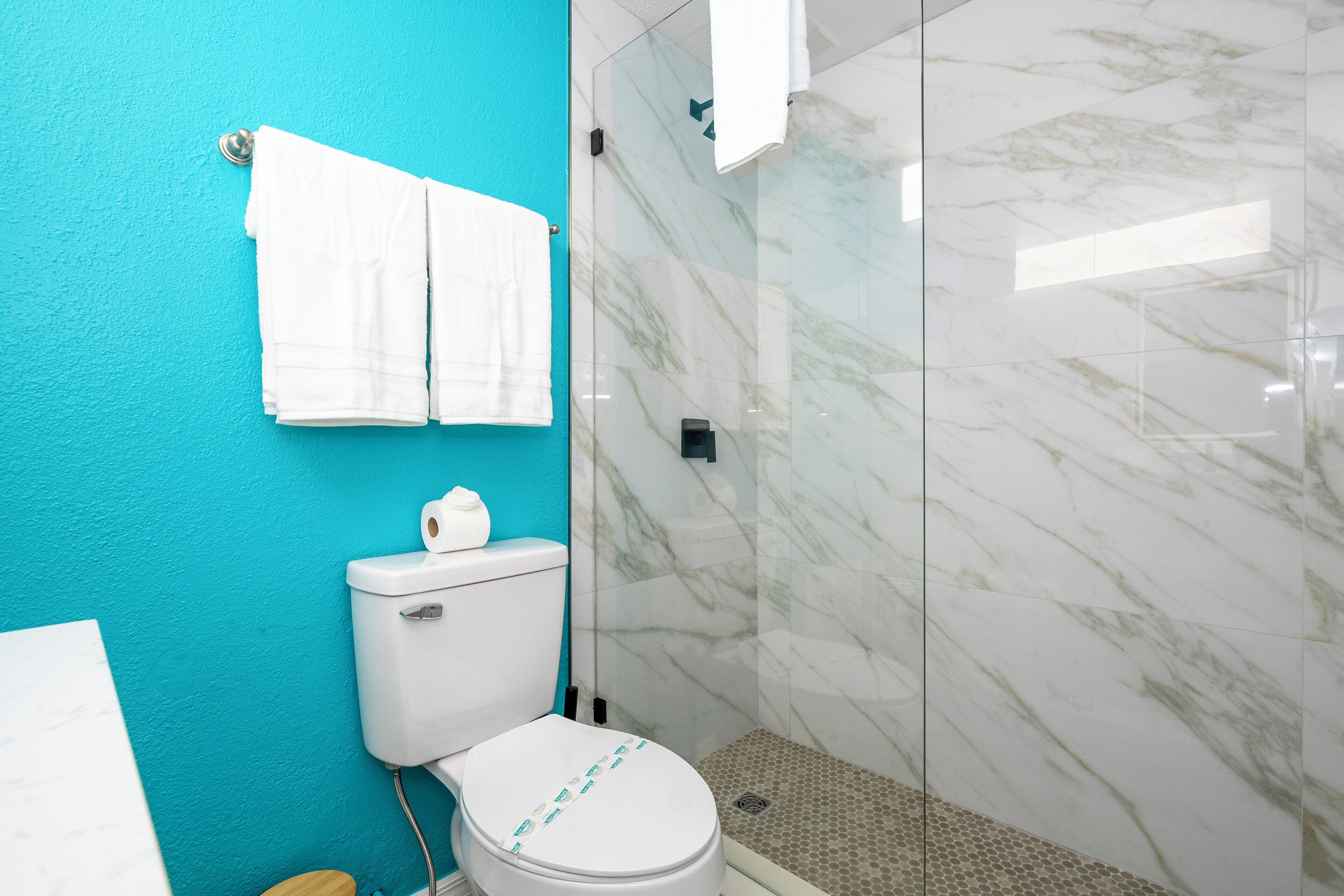 A bathroom with a toilet, a glass shower enclosure, and a blue wall.