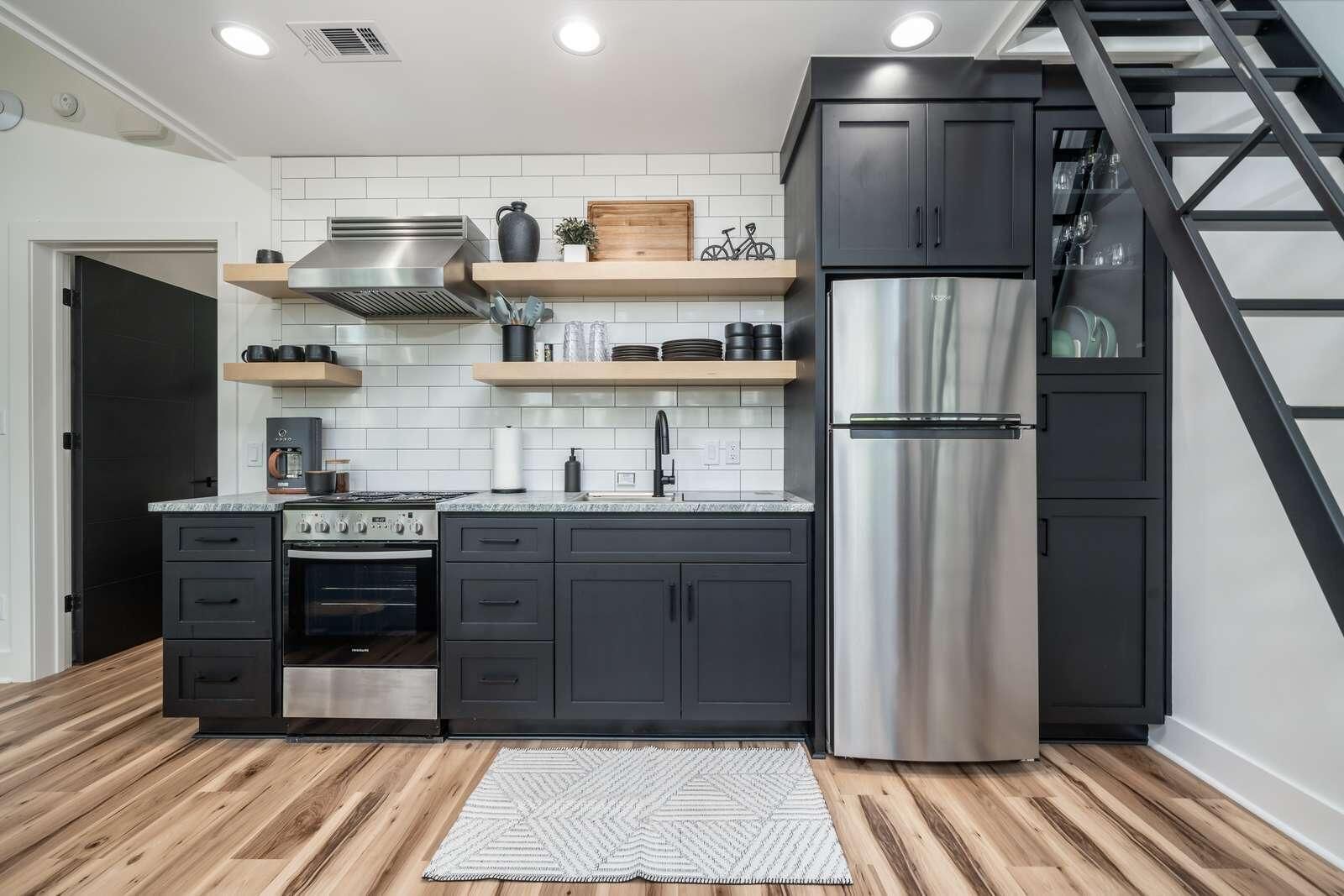 Fridge, microwave, stovetop, coffee/tea maker