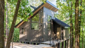 Une cabane avec une façade en bois, de grandes fenêtres et une terrasse.