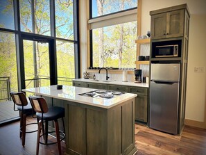 Fridge, microwave, stovetop, coffee/tea maker