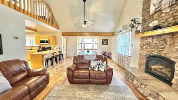 智能电视、壁炉、DVD 播放器、书