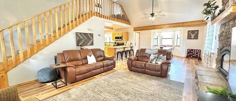 TV connectée, cheminée, lecteur de DVD, livres