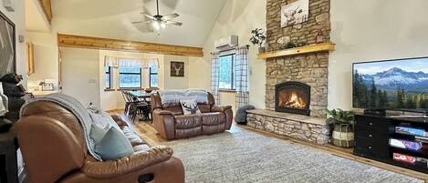 Smart TV, fireplace, DVD player, books