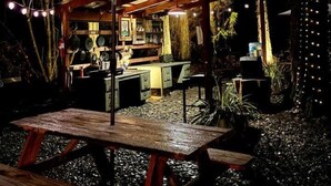 An outdoor dining area with a wooden table and benches, surrounded by trees and a covered seating area with string lights. - Chic 1967 Aristocrat Camper | Glamping (Tub) (Burnt Ranch)