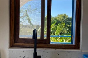A window with a view of lush greenery and a clear blue sky.
