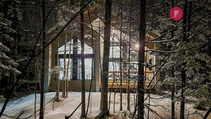 A modern house with a glass facade, surrounded by trees.