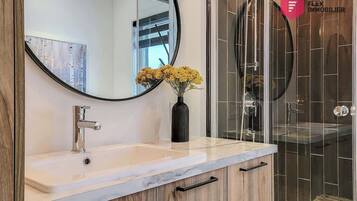 Shower, hair dryer, towels, shampoo