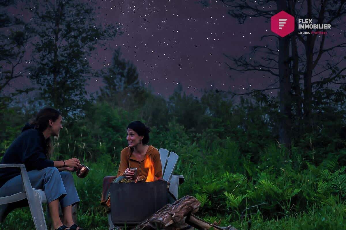 Two people sitting by a campfire in a forested area.