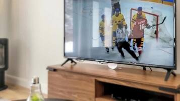 Een televisie bevestigd aan een houten standaard, met een open haard op de achtergrond.