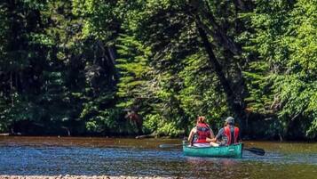 Deux personnes dans un canoë sur une rivière, entourées d’une végétation luxuriante.