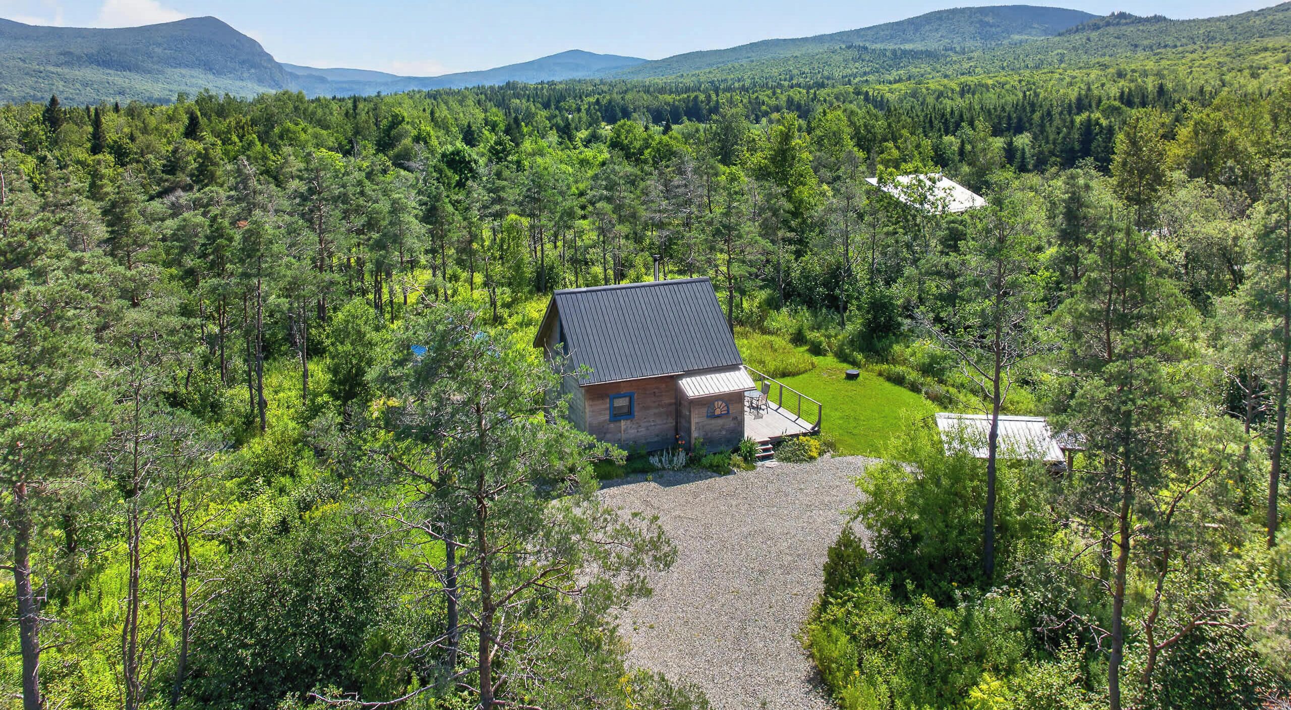 A cabin surrounded by dense forest with a gravel driveway leading to the entrance.