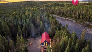 A cabin surrounded by dense forest with a river nearby. - The Singing Salmon of Bonaventure - A wild escape (Bonaventure)