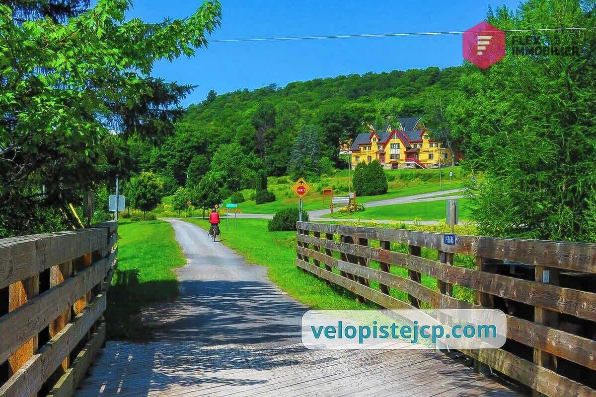 A wooden bridge leading to a house surrounded by greenery.