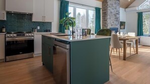 Une cuisine moderne dotée d’un îlot central, d’appareils électroménagers intégrés et d’une cheminée en pierre.