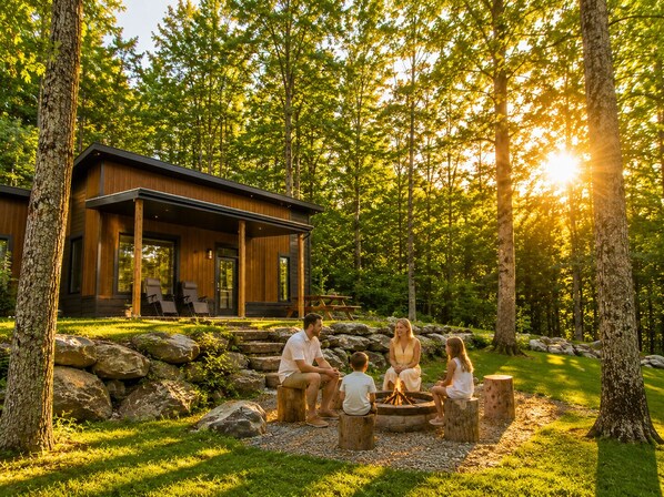 A modern cabin with a porch, surrounded by a forest.
