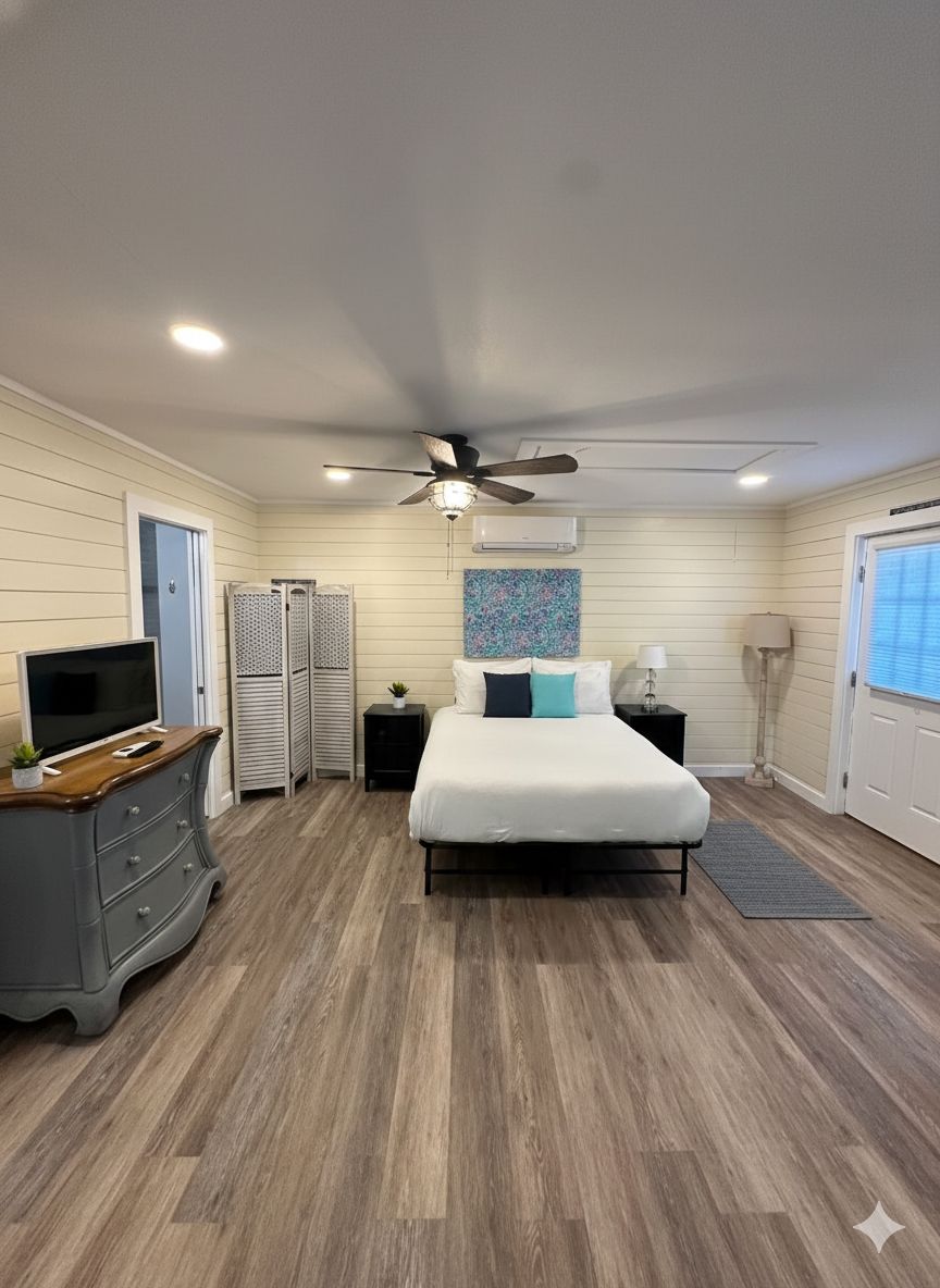 Un dormitorio con cama, ventilador de techo, televisión, cómoda y ventana.