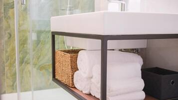 Shower, hair dryer, bidet, towels