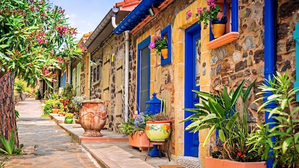 A narrow street with stone buildings, blue doors, and potted plants.