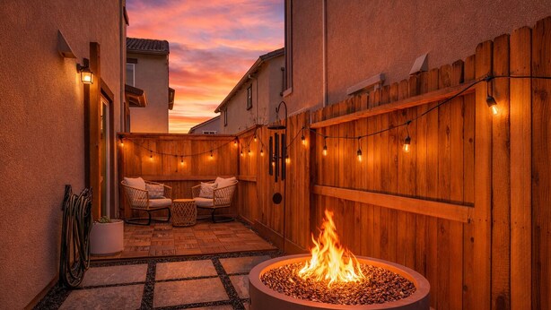 A cozy outdoor patio with a fire pit, wooden deck, and seating area. - Enjoyable 3-bedroom house with Firepit + Safe in charming Roseville (Roseville)