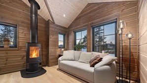 Una habitación acogedora con estufa de leña, un sofá y ventanas amplias.