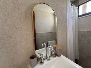 Shower, hair dryer, bidet, towels