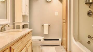 Hair dryer, towels, soap, toilet paper