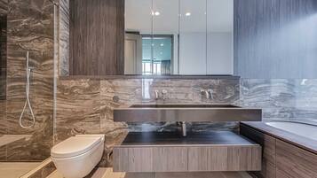 Shower, hair dryer, towels