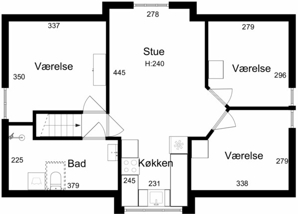 A hotel floor plan with labeled rooms including a kitchen, bathrooms, and a hallway. - Holiday apartment in scenic surroundings (Oksbøl)