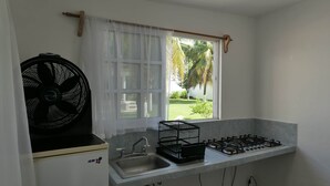 Cucina con piano cottura a gas, lavello, ventilatore e finestra vista verde.