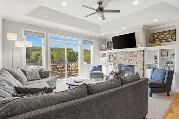 Smart TV, fireplace, DVD player, books