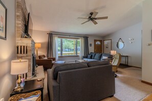 Smart TV, fireplace, books