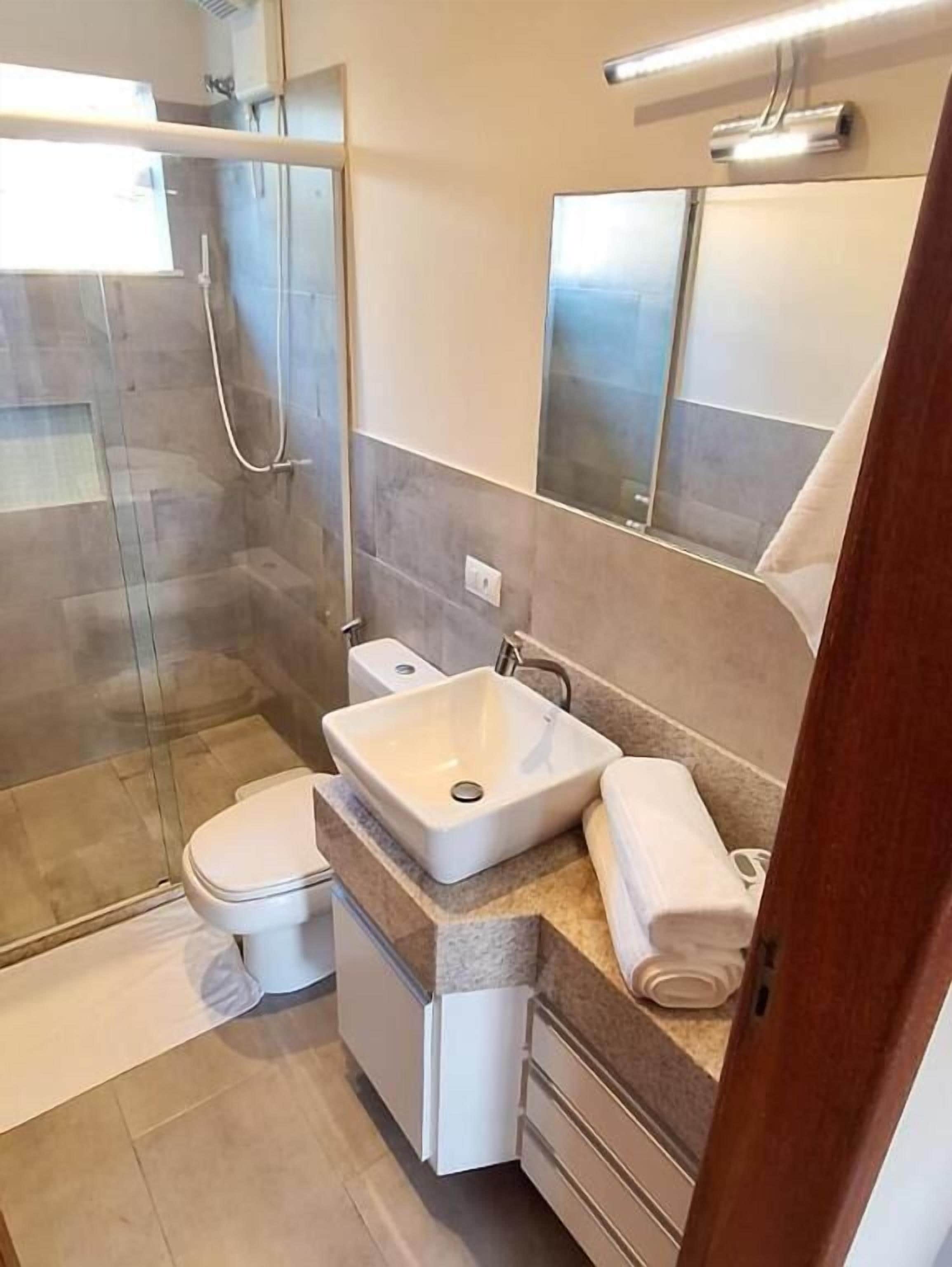 A modern bathroom with a glass shower enclosure, a white sink, and a mirror above the sink.
