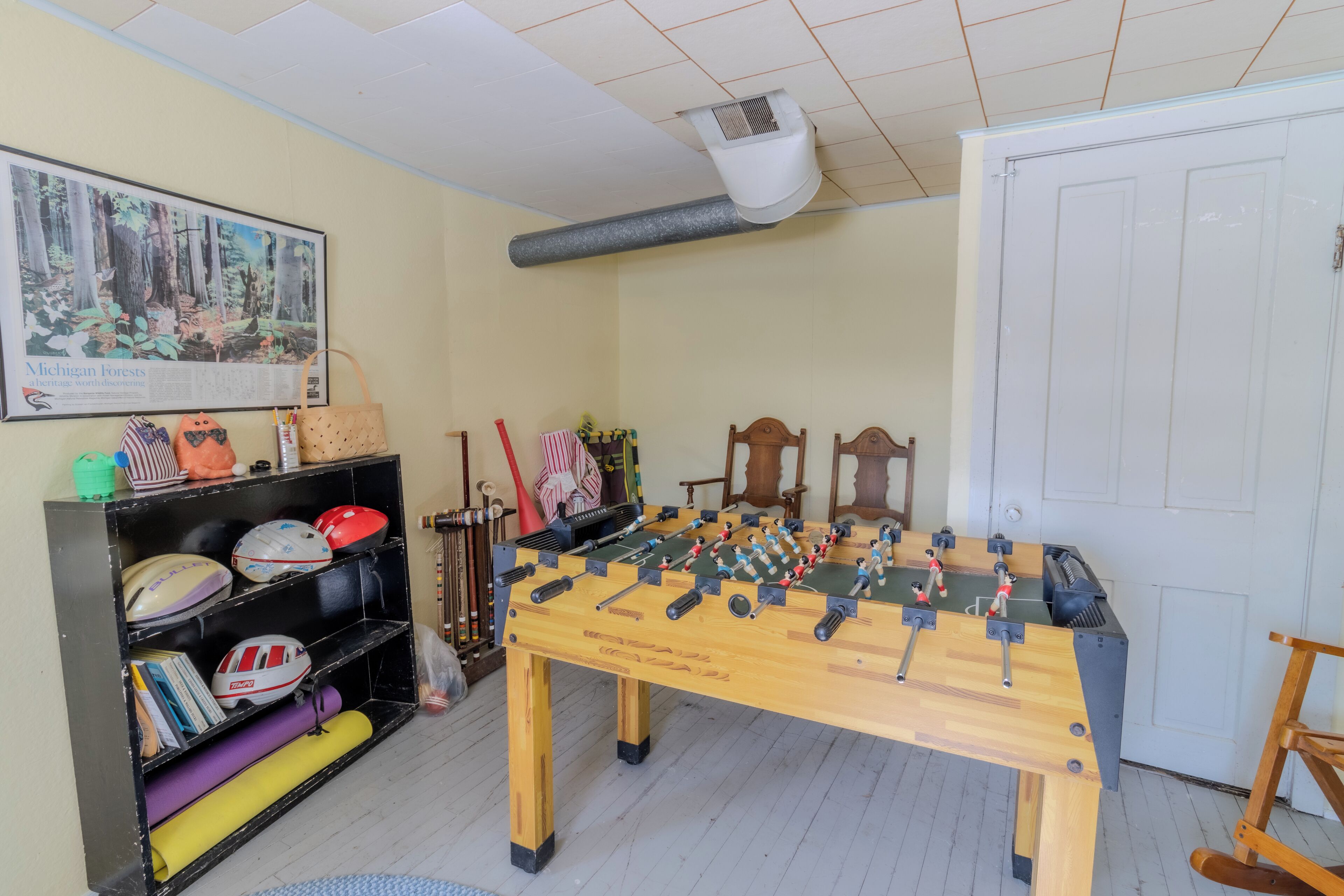 Una habitación con una mesa de futbolín, estantes con equipo deportivo, un cuadro de bosques de Michigan y una puerta blanca.