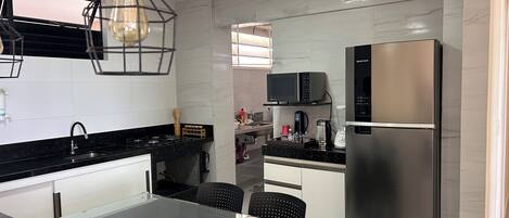 Fridge, microwave, stovetop, electric kettle