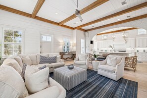 Smart TV, fireplace, books