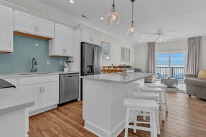 Fridge, microwave, oven, stovetop - Sky Paradise: Modern Oceanfront Townhome @ Top Shelf Stays (North Topsail Beach)