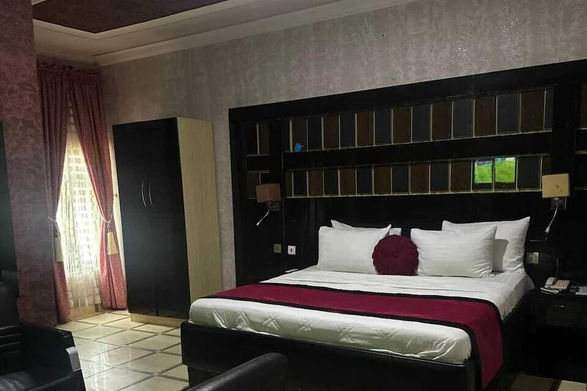 Una habitación de hotel con cama, escritorio, silla y armario.