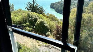 Vista desde una ventana sobre un lago, rodeado de vegetación y montañas lejanas.