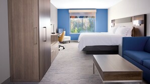 A hotel room with a bed, a sofa, a desk, a chair, a wardrobe, and a window with a view of trees. - Holiday Inn Express Knoxville Downtown by IHG (Knoxville)
