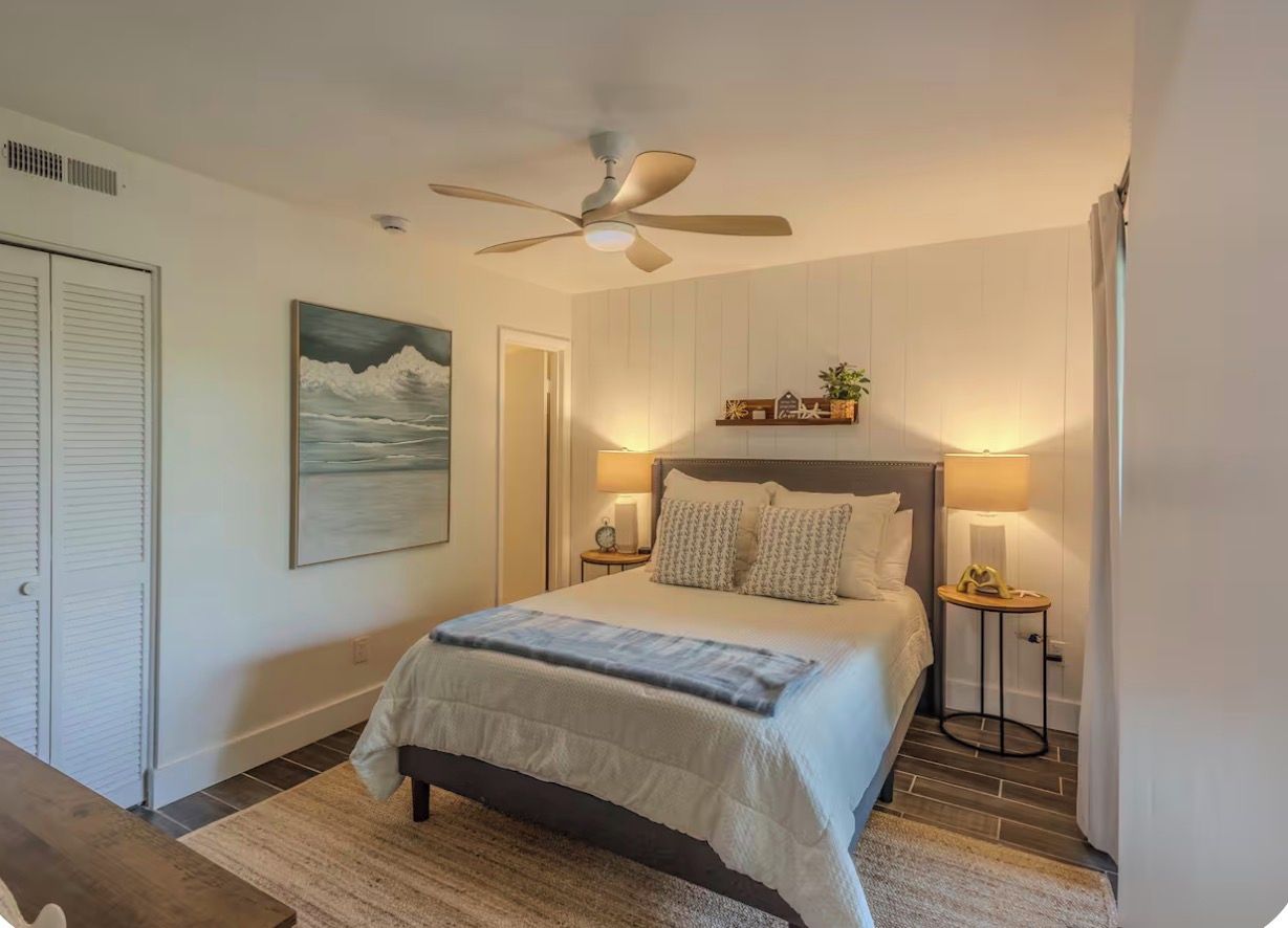 A bedroom with a bed, a ceiling fan, a nightstand, a lamp, a painting, and a door.