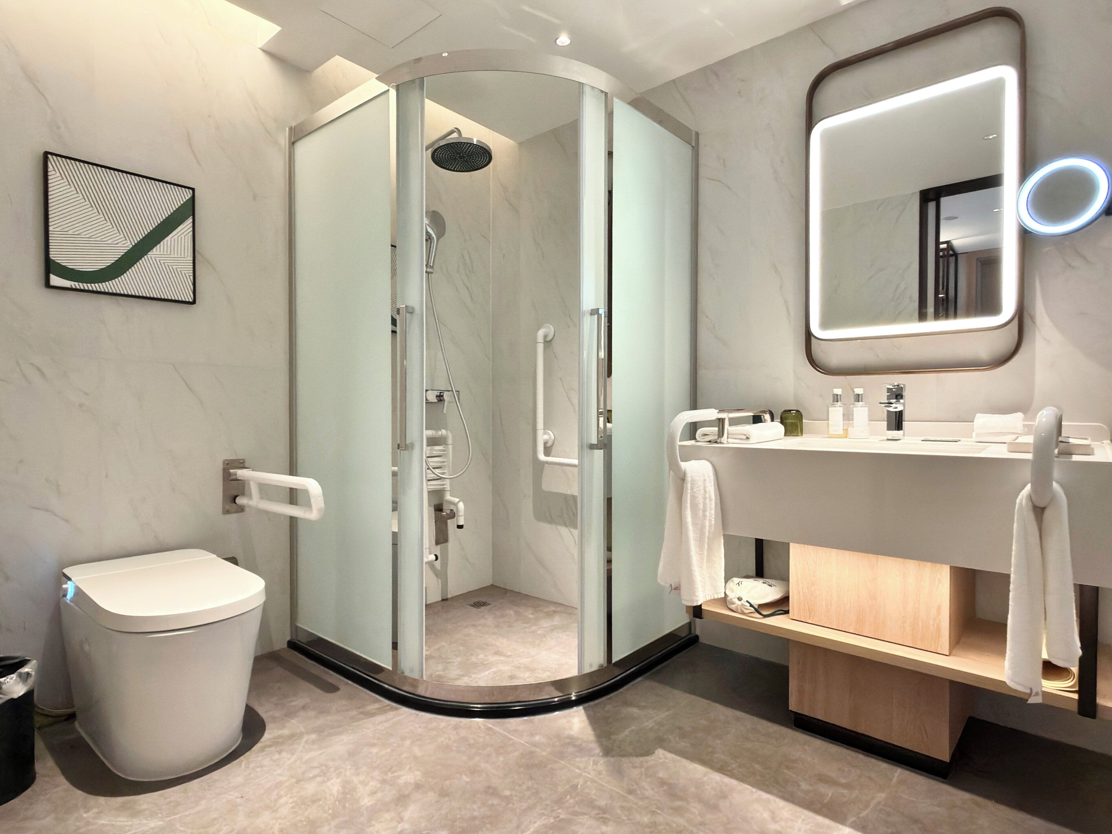 A modern bathroom with a glass-enclosed shower, a white toilet, a vanity with a mirror, and a towel rack.
