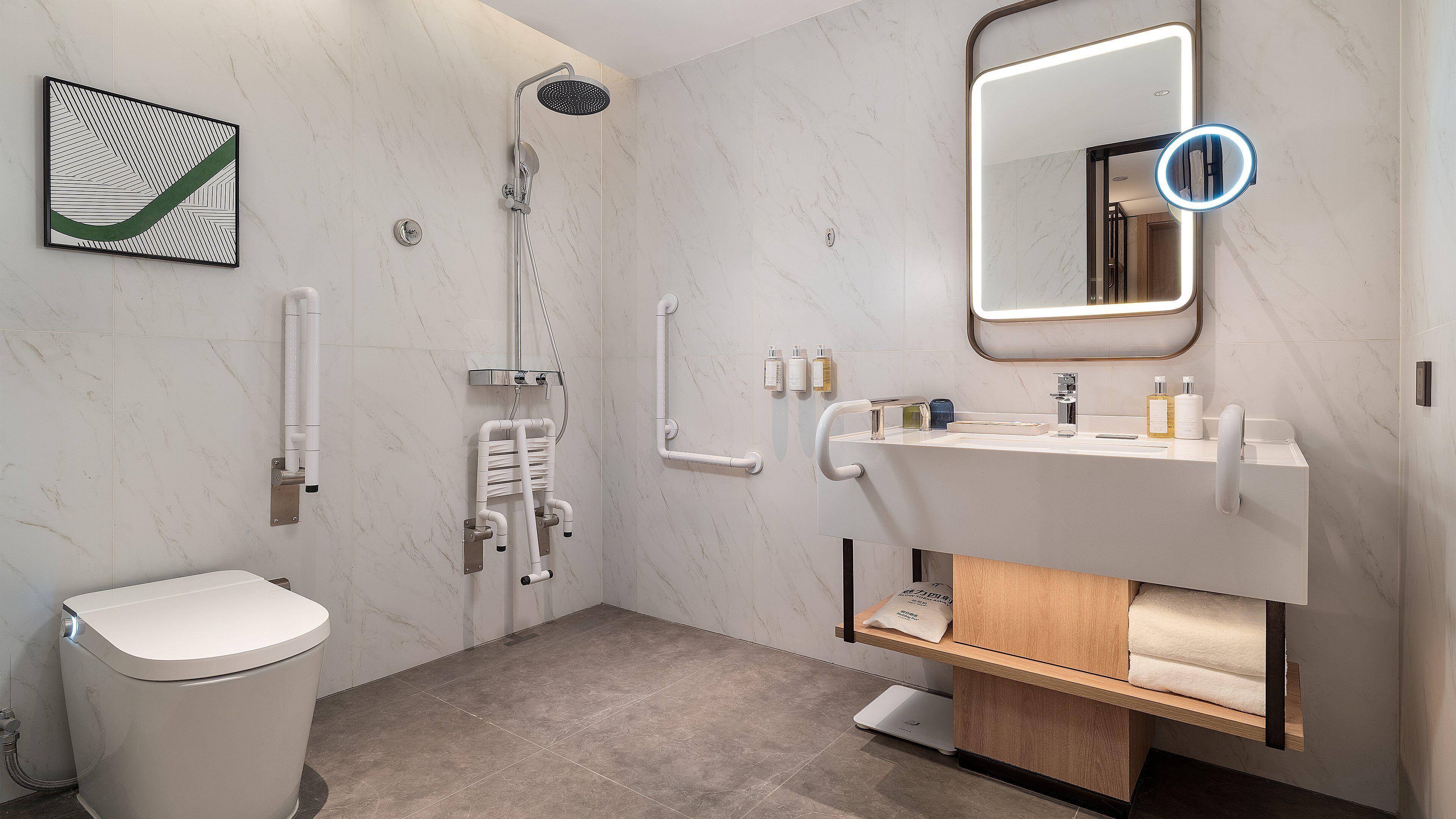 A modern bathroom with a shower, toilet, sink, and mirror.