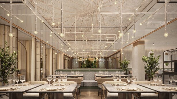 A restaurant with a modern interior, featuring tables set for dining, hanging light fixtures, and a central seating area. - Holiday Inn Jinan Daming Lake By IHG (Jinan)