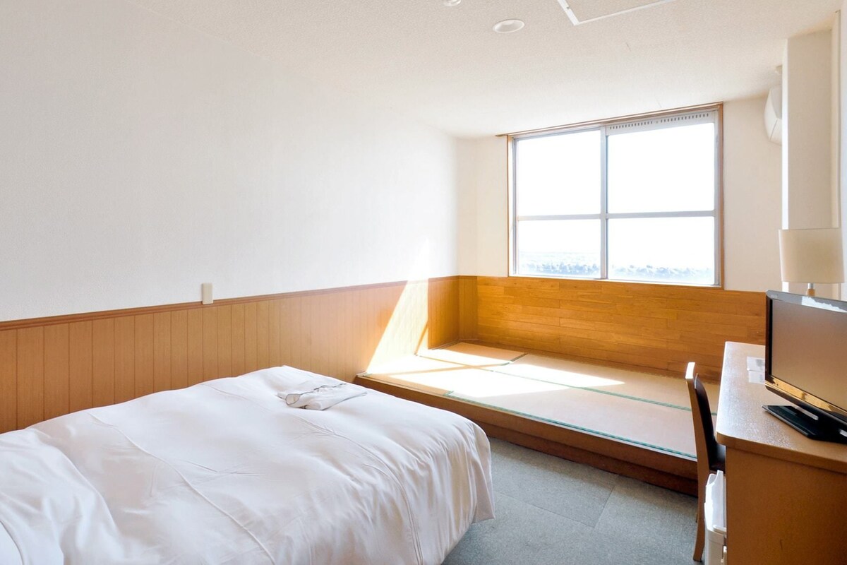 Habitación de hotel con cama, escritorio, silla, televisor y ventana con vistas.