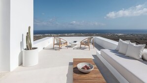 Eine Dachterrasse mit einem weißen Sofa, zwei Korbstühlen, einem kleinen Tisch und einem Topf mit einem Kaktus.