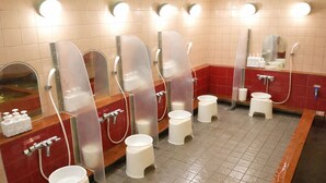 Des toilettes publiques équipées de plusieurs urinoirs, de lavabos et de miroirs.